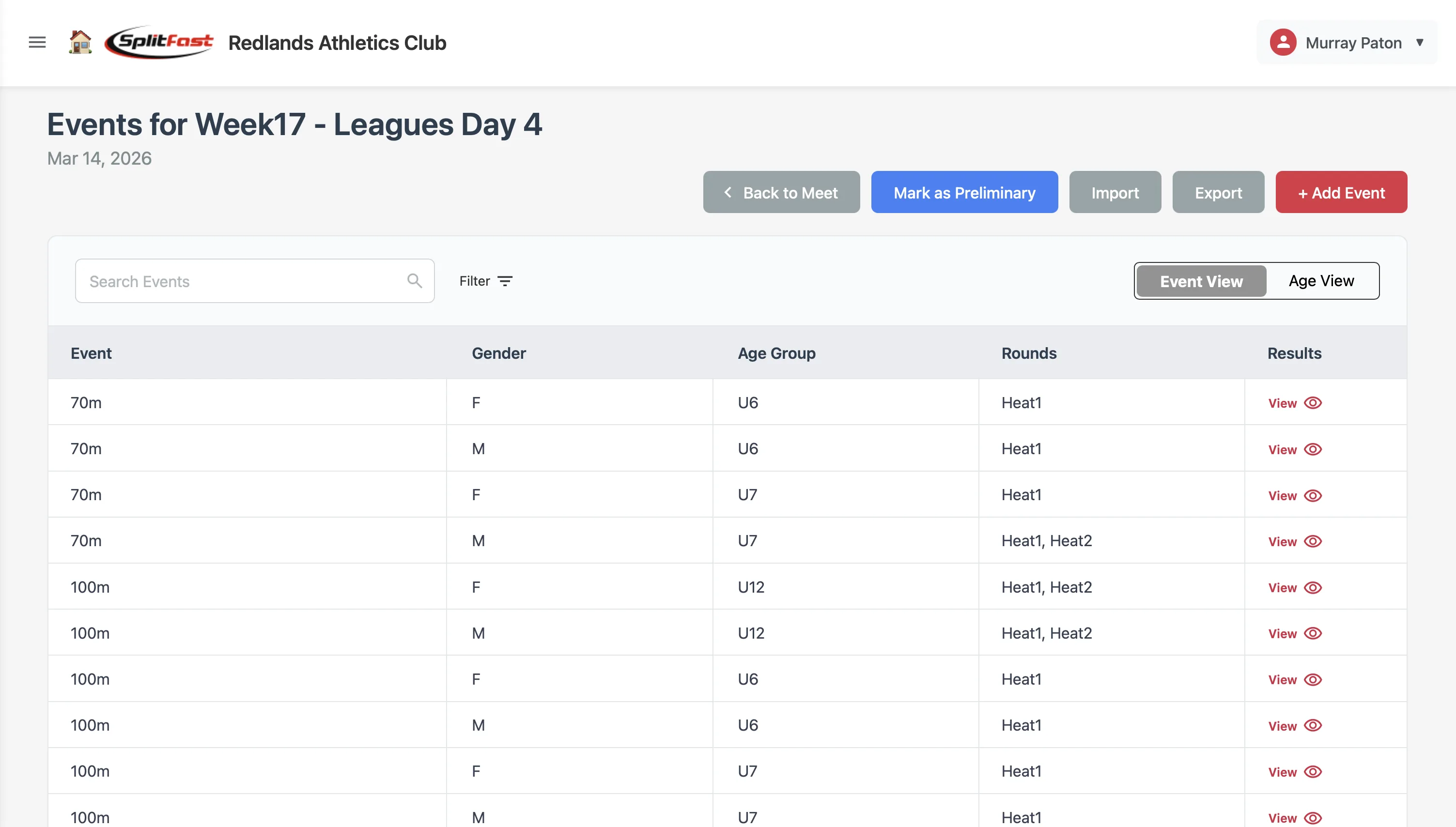 SplitFast Results Portal Event Results view by event